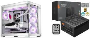 PCCOOLER CPS C3 T700 PC Case, Dual-Chamber Mid-Tower ATX Case, High-Airflow Computer Case, BTF Motherboard Supports, Sturdy Tempered Glass Front & Side Panels, White (Fans Not Included) PCCOOLER CPS YS1000 Fully Modular Power Supply, 80 PLU
