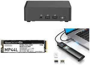 ASUS NUC 15 Pro RNUC15CRKU50000U Black Barebone System w/ Intel Ultra 5 225H CPU, Integrated - Intel Arc 130T Graphics ,US cord, Single Unit - Memory and Storage Sold Separately Team Group MP44L M.2 2280 1TB PCIe 4.0 x4 with NVMe 1.4 TLC In