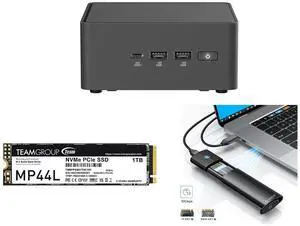 ASUS NUC 15 Pro Tall Barebone Kit Mini PC with Intel Series 2 Core 7 240H, 2x DDR5 SO-Dimm Slots, Dual Storage Design, Thunderbolt™ 4, Wi-Fi 7,  Blue tooth 5.4 - Memory and Storage Sold Separately Team Group MP44L M.2 2280 1TB PCIe 4.0 x4 w