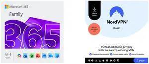 Microsoft 365 Family | 12-Month Subscription, Up to 6 People | Word, Excel, PowerPoint | 1TB OneDrive Cloud Storage | PC/MAC Instant Download NordVPN Basic, Premium VPN Service - 10 Devices /1 Year- Download