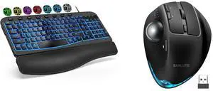 Ergonomic Keyboard Wired with Cushioned Wrist & Palm Rest, Backlit Computer Keyboards with 7-Color Adjustable Backlight, Comfortable Natural Wave Keys for Windows/Mac, Desktop Laptop SABLUTE Wireless Trackball Mouse, Ergonomic Bluetooth Rec