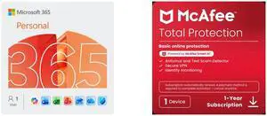 Microsoft 365 Personal | 12-Month Subscription, 1 person | Word, Excel, PowerPoint | 1TB OneDrive cloud storage | PC/Mac Instant Download McAfee Total Protection  (Windows, macOS, Android, iOS, ChromeOS) 2025 | 1 Device | Includes Antivirus