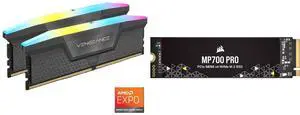 CORSAIR Vengeance RGB 32GB (2 x 16GB) 288-Pin PC RAM DDR5 6000 (PC5 48000) Desktop Memory Model CMH32GX5M2E6000Z36 CORSAIR MP700 PRO 2TB PCIe Gen5 x4 NVMe 2.0 M.2 SSD – High-Density TLC NAND – M.2 2280  CSSD-F2000GBMP700PNH– DirectStorage C