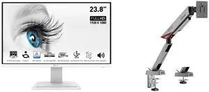 MSI 24" 100 Hz IPS FHD Gaming Monitor 1ms (MPRT) / 4ms (GTG) 119% sRGB (CIE 1976) Flat Panel Pro MP243XW, Low blue light, Built-in speakers, White MSI MPG MT161R - Premium RGB Single Monitor Stand Arm, Supports 17-45" Screens and 35.2 lbs, MSI 24" 100 Hz IPS FHD Gaming Monitor 1ms (MPRT) / 4ms (GTG) 119% sRGB (CIE 1976) Flat Panel Pro MP243XW, Low blue light, Built-in speakers, White MSI MPG MT161R - Premium RGB Single Monitor Stand Arm, Supports 17-45" Screens and 35.2 lbs,