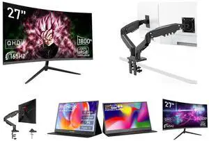 Rehisk 27'' 2K QHD Gaming Monitor - 2560p, 165Hz Refresh Rate, 1ms Response Time, AdaptiveSync, Dual HDMI & DP1.2, Ultra-Slim Bezel and Dual Monitor Mount for 15-32 Inch Screens, Adjustable Gas Spring Arm, 4.4-19.8lbs per Screen, Cable Management, Clamp & Grommet Base  Heavy Duty and Single Monitor Mount, 17 to 32 Inch, 4.4 to 19.8lbs, Adjustable Gas Spring Monitor Arm with Cable Management, Clamp & Grommet Base and ReHisk 15.6 inch Portable Monitor IPS FHD 1080P HDR gaming monitors for laptop with HDMI USB-C Computer Second External Monitor Eye Care dual speakers for PC Phone PS4 Xbox black and REHISK 15.6" inch Portable Monitor IPS FHD 1080P gaming monitor for laptop with HDMI USB-C HDR Eye Care laptop monitor extender for PC Phone PS4 Xbox dual speakers and Rehisk 27'' Curved 2K Gaming Monitor 165Hz 2560*1440 1ms Response Time AdaptiveSync with Dual HDMI & DP1.2 Ultra-Slim Bezel