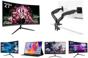 Rehisk 27'' 2K QHD Gaming Monitor - 2560p, 165Hz Refresh Rate, 1ms Response Time, AdaptiveSync, Dual HDMI & DP1.2, Ultra-Slim Bezel and Dual Monitor Mount for 15-32 Inch Screens, Adjustable Gas Spring Arm, 4.4-19.8lbs per Screen, Cable Management, Clamp & Grommet Base  Heavy Duty and REHISK 24 Curved Gaming Monitor  100Hz, 1ms, FHD, FreeSync, Eye-Care, Ultra-Slim, HDMI & DP, Built-in Speakers, VESA Mount and ReHisk 15.6 inch Portable Monitor IPS FHD 1080P HDR gaming monitors for laptop with HDMI USB-C Computer Second External Monitor Eye Care dual speakers for PC Phone PS4 Xbox black and ReHisk 24 inch IPS FHD 1080P 100Hz Gaming Monitor VESA 75*75mm 1ms Response Time FreeSync & G-sync Compatible 24 inch monitor with HDMI2.0 DisplayPort 1.2 computer monitor Low-Blue Light and Rehisk 27'' Curved 2K Gaming Monitor 165Hz 2560*1440 1ms Response Time AdaptiveSync with Dual HDMI & DP1.2 Ultra-Slim Bezel