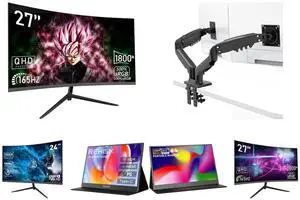 Rehisk 27'' 2K QHD Gaming Monitor - 2560p, 165Hz Refresh Rate, 1ms Response Time, AdaptiveSync, Dual HDMI & DP1.2, Ultra-Slim Bezel and Dual Monitor Mount for 15-32 Inch Screens, Adjustable Gas Spring Arm, 4.4-19.8lbs per Screen, Cable Management, Clamp & Grommet Base  Heavy Duty and REHISK 24 Curved Gaming Monitor  100Hz, 1ms, FHD, FreeSync, Eye-Care, Ultra-Slim, HDMI & DP, Built-in Speakers, VESA Mount and ReHisk 15.6 inch Portable Monitor IPS FHD 1080P HDR gaming monitors for laptop with HDMI USB-C Computer Second External Monitor Eye Care dual speakers for PC Phone PS4 Xbox black and REHISK 15.6" inch Portable Monitor IPS FHD 1080P gaming monitor for laptop with HDMI USB-C HDR Eye Care laptop monitor extender for PC Phone PS4 Xbox dual speakers and Rehisk 27'' Curved 2K Gaming Monitor 165Hz 2560*1440 1ms Response Time AdaptiveSync with Dual HDMI & DP1.2 Ultra-Slim Bezel
