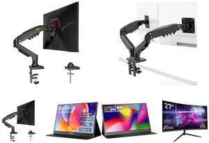 Single Monitor Mount, 17 to 32 Inch, 4.4 to 19.8lbs, Adjustable Gas Spring Monitor Arm with Cable Management, Clamp & Grommet Base and Dual Monitor Mount for 15-32 Inch Screens, Adjustable Gas Spring Arm, 4.4-19.8lbs per Screen, Cable Management, Clamp & Grommet Base  Heavy Duty and ReHisk 15.6 inch Portable Monitor IPS FHD 1080P HDR gaming monitors for laptop with HDMI USB-C Computer Second External Monitor Eye Care dual speakers for PC Phone PS4 Xbox black and REHISK 15.6" inch Portable Monitor IPS FHD 1080P gaming monitor for laptop with HDMI USB-C HDR Eye Care laptop monitor extender for PC Phone PS4 Xbox dual speakers and Rehisk 27'' Curved 2K Gaming Monitor 165Hz 2560*1440 1ms Response Time AdaptiveSync with Dual HDMI & DP1.2 Ultra-Slim Bezel