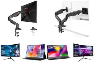 Single Monitor Mount, 17 to 32 Inch, 4.4 to 19.8lbs, Adjustable Gas Spring Monitor Arm with Cable Management, Clamp & Grommet Base and Dual Monitor Mount for 15-32 Inch Screens, Adjustable Gas Spring Arm, 4.4-19.8lbs per Screen, Cable Management, Clamp & Grommet Base  Heavy Duty and REHISK 24 Curved Gaming Monitor  100Hz, 1ms, FHD, FreeSync, Eye-Care, Ultra-Slim, HDMI & DP, Built-in Speakers, VESA Mount and ReHisk 15.6 inch Portable Monitor IPS FHD 1080P HDR gaming monitors for laptop with HDMI USB-C Computer Second External Monitor Eye Care dual speakers for PC Phone PS4 Xbox black and REHISK 15.6" inch Portable Monitor IPS FHD 1080P gaming monitor for laptop with HDMI USB-C HDR Eye Care laptop monitor extender for PC Phone PS4 Xbox dual speakers and Rehisk 27'' Curved 2K Gaming Monitor 165Hz 2560*1440 1ms Response Time AdaptiveSync with Dual HDMI & DP1.2 Ultra-Slim Bezel