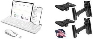 FOR-Bluetooth Keyboard and Mouse for iPad, CTU-301 Multi-Device Bluetooth + 2.4G Wireless Keyboard Mouse with Tablet Holder for MacBook/Windows Computer, iOS/Andriod Tablet Phone, White and FOR-90°30° Angle Tilt Rotation Adjustment SolidSteel Pin Serves as SafetyStop Mount Speaker Bracket StandsDual Universal Adjustable w 125 Distance from Wall PSTNDW15