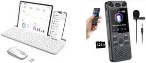 FOR-Bluetooth Keyboard and Mouse for iPad, CTU-301 Multi-Device Bluetooth + 2.4G Wireless Keyboard Mouse with Tablet Holder for MacBook/Windows Computer, iOS/Andriod Tablet Phone, White and FOR-160GB Digital Voice Recorder with Playback - 110 Hours Ultra-Long Continuous Recording, 1536Kbps Voice Activated Audio Recorder with External Microphone for Lecture Interview Meeting