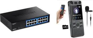 FOR-16-Port Gigabit Desktop Switch TEG-S17D 16 x Gigabit RJ-45 Ports 32Gbps Switching Capacity Fanless Design Metal Enclosure Internal Power Supply Lifetime Protection Black and FOR-160GB Digital Voice Recorder with Playback - 110 Hours Ultra-Long Continuous Recording, 1536Kbps Voice Activated Audio Recorder with External Microphone for Lecture Interview Meeting