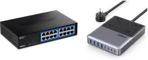 FOR-16-Port Gigabit Desktop Switch TEG-S17D 16 x Gigabit RJ-45 Ports 32Gbps Switching Capacity Fanless Design Metal Enclosure Internal Power Supply Lifetime Protection Black and FOR-12-in-1 Charging Station USB-C Power Strip with 5ft Cord and Plug, 200W GaN IV Charger Block, 4 AC Outlets, 4 USB A&C for MacBook,iPhone 16/15/14, Desktop Charger for Office, Home