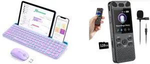 FOR-Bluetooth Keyboard and Mouse for iPad, CTU-301 Multi-Device Bluetooth + 2.4G Wireless Keyboard Mouse with Tablet Holder for MacBook/Windows Computer, iOS/Andriod Tablet Phone, Blue & Purple and FOR-160GB Digital Voice Recorder with Playback - 110 Hours Ultra-Long Continuous Recording, 1536Kbps Voice Activated Audio Recorder with External Microphone for Lecture Interview Meeting