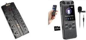 FOR-12 Outlet Surge Protector Power Strip 8ft Cord RightAngle Plug TelModemCoaxEthernet Protection RJ11 RJ45 $250000 INSURANCE TLP1208SAT Black and FOR-160GB Digital Voice Recorder with Playback - 110 Hours Ultra-Long Continuous Recording, 1536Kbps Voice Activated Audio Recorder with External Microphone for Lecture Interview Meeting