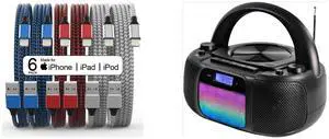 [Apple MFi Certified] 6Pack 3/3/6/6/6/10 FT iPhone Charger Nylon Braided Fast Charging Lightning Cable Compatible iPhone 14 Pro 13 mini 12 11 Pro XS and MD6972 Portable Top Loading CD Boombox with Digital AM/FM Stereo Radio, Color Changing Lights, and Bluetooth Wireless Technology | CD-R/CD-RW Compatible | LCD Display |