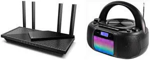 Xiaogan WiFi 6 AX3000 Smart WiFi Router  802.11ax Wireless Router, Gigabit Internet Router, Dual Band, OFDMA, MU-MIMO, OneMesh Compatible (Archer AX55) and MD6972 Portable Top Loading CD Boombox with Digital AM/FM Stereo Radio, Color Changing Lights, and Bluetooth Wireless Technology | CD-R/CD-RW Compatible | LCD Display |