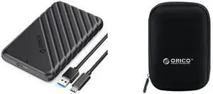 ORICO 2.5 inch External Hard Drive Enclosure USB-C to SATAIII 6Gbps HDD SSD Storage Case for 7mm 9.5mm SATA HDD SSD Max 6TB Support UASP protocols and TRIM + ORICO 2.5 inch Portable External Hard Drive Protection Bag Dual Buffer Layer HDD Protector Case - Black(PHD-25)