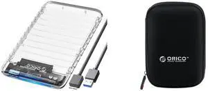 ORICO 2.5" Transparent USB 3.0 to SATA 3.0 External Hard Drive Disk Enclosure Box, USB 3.0 High-Speed Case for 2.5" HDD / SSD, Case Support UASP Protocol SATA III Tool Free [Upgrade Version] + ORICO 2.5 inch Portable External Hard Drive Protection Bag Dual Buffer Layer HDD Protector Case - Black(PHD-25)
