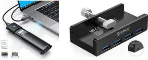 ORICO Aluminum M.2 NVMe SSD Enclosure, Tool-Free 10Gbps USB C Adapter, USB 3.2 M.2 NVMe Reader, External SSD Case Thunderbolt 3 Compatible, Supports 4TB 2230/2242/2260/2280 PCIe M-Key SSDs-PWM2-BK + ORICO USB 3.0 HUB, Monitor-Edge and Desk-Edge USB 3.0 4-Port Clip-Type Hub, Extra Power Supply, Space-Saving, Compact USB 3.0 Clamp Hub, Ultra-Portable Travel Hub for Laptop