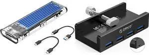 ORICO TCM2-C3 Aluminum USB 3.1 Gen2 Type-C NVMe M.2 Hard Drive Enclosure 10Gbps Date Transfer Rate Support UASP Protocol with Type-C to C Cable - Blue + ORICO USB 3.0 HUB, Monitor-Edge and Desk-Edge USB 3.0 4-Port Clip-Type Hub, Extra Power Supply, Space-Saving, Compact USB 3.0 Clamp Hub, Ultra-Portable Travel Hub for Laptop