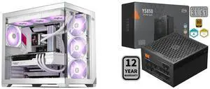 PCCOOLER CPS C3 T700 PC Case, Dual-Chamber Mid-Tower ATX Case, High-Airflow Computer Case, BTF Motherboard Supports, Sturdy Tempered Glass Front & Side Panels, White (Fans Not Included) and PCCOOLER CPS YS850 Fully Modular Power Supply, 80 PLUS Gold 850W PSU, 12V-2x6 Cable,  ATX 3.1 & PCIe 5.1 Ready, 105°C Rated Japanese Capacitors, ECO Mode, 135mm FDB Fan, 12 Years Warranty