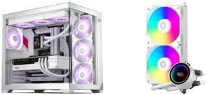 PCCOOLER CPS C3 T700 PC Case, Dual-Chamber Mid-Tower ATX Case, High-Airflow Computer Case, BTF Motherboard Supports, Sturdy Tempered Glass Front & Side Panels, White (Fans Not Included) and PCCOOLER CPS DA240 ARGB AIO CPU Liquid Cooler, 240mm Radiator, 260W TDP, Infinity Halo ARGB Effect, High-Performance 3000RPM Pump Speed, for Intel LGA 20XX/1851/1700/1200/115X & AMD AM5/AM4, White