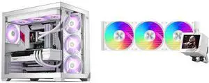 PCCOOLER CPS C3 T700 PC Case, Dual-Chamber Mid-Tower ATX Case, High-Airflow Computer Case, BTF Motherboard Supports, Sturdy Tempered Glass Front & Side Panels, White (Fans Not Included) and PCCOOLER CPS GT360 ARGB Display AIO CPU Liquid Cooler, 310W TDP, Customizable 3.5" IPS LCD Cyber Style Display, Ceramic Bearing, High Speed Fans, for Intel LGA 1851/1700/1200/115X & AMD AM5/AM4, White