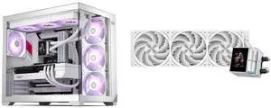 PCCOOLER CPS C3 T700 PC Case, Dual-Chamber Mid-Tower ATX Case, High-Airflow Computer Case, BTF Motherboard Supports, Sturdy Tempered Glass Front & Side Panels, White (Fans Not Included) and PCCOOLER CPS DS360 Display AIO CPU Liquid Cooler, 360mm Radiator, 315W TDP, ARGB LEDs & Customizable 2.4" IPS LCD Display, Ceramic Bearing, for Intel LGA 1851/1700/1200/115X & AMD AM5/AM4, White