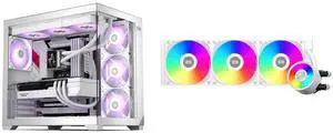 PCCOOLER CPS C3 T700 PC Case, Dual-Chamber Mid-Tower ATX Case, High-Airflow Computer Case, BTF Motherboard Supports, Sturdy Tempered Glass Front & Side Panels, White (Fans Not Included) and PCCOOLER CPS DA360 Pro ARGB AIO CPU Liquid Cooler, 360mm Radiator, 300W TDP, 360° Rotatable Waterblock, Infinity Halo ARGB Effect, for Intel LGA20XX/1851/1700/1200/115X & AMD AM5/AM4, White