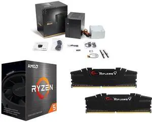 ASRock DESKMEET X300  Mini PC Barebone System AMD X300 DisplayPort, HDMI & D-Sub Supports a discrete Dual slot Graphics card up to 20CM(card not included) 8 Liter compact size + AMD Ryzen 5 5500 + G.SKILL Ripjaws V Series DDR4 3200 32GB