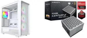 MONTECH X5- ATX Mid-Tower Gaming PC Case, High Airflow, 3x 140mm and 1x 120mm ARGB Fans Pre-installed, Glass Side Panel, Carbon Print Accents, GPU Holder Included, White + MONTECH CENTURY II - 1050W High-End ATX Gaming Power Supply - 80 Plus Gold & Cybenetics Platinum - Fully Modular -  ATX 3.1 & PCIe 5.1 Ready with 12V-2x6 Cable - 10 Years Warranty
