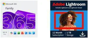 Microsoft 365 Family | 12-Month Subscription, Up to 6 People | Word, Excel, PowerPoint | 1TB OneDrive Cloud Storage | PC/MAC Instant Download Adobe -  Lightroom 1TB - AI-assisted photo editor (1 Year Subscription) - Mac, Windows [Digital]