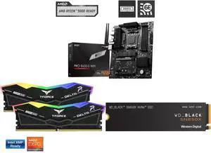 MSI PRO B650-S WIFI AM5 AMD B650 Ryzen 7000 DDR5 PCI-E x16 slot Wi-Fi 6E Bluetooth SATA 6Gb/s ATX Motherboard Team Group 16GB (2 x 8GB) 288-Pin PC RAM DDR5 6000 (PC5 48000) Memory Model FF3D516G6000HC38ADC01 WD_BLACK 1TB SN850X NVMe Intern MSI PRO B650-S WIFI AM5 AMD B650 Ryzen 7000 DDR5 PCI-E x16 slot Wi-Fi 6E Bluetooth SATA 6Gb/s ATX Motherboard Team Group 16GB (2 x 8GB) 288-Pin PC RAM DDR5 6000 (PC5 48000) Memory Model FF3D516G6000HC38ADC01 WD_BLACK 1TB SN850X NVMe Intern