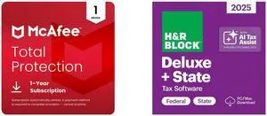 McAfee Total Protection (Windows, macOS, Android, iOS, ChromeOS) 2026 | 1 Device | Includes Antivirus, Scam Protection, Secure VPN | 1-Year Subscription with Auto-Renewal | Digital Download and H&R Block Tax Software Deluxe + State 2025 PC/Mac [Download] Bundle Purchase Only
