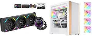 SAMA Q60 Black CPU Liquid Cooler, 360MM Liquid Water Cooling with 2.8" LCD Display & XT120 Modular Fans LCP Blade for Enhanced Cooling and Noise Reduction, Compatible 115X, 2011, 1200, 1700, AM4, AM5 and SAMA Z60 White Genuine Walnut Wood PC Case, ATX Mid Tower, Pre-Installed 4x 140mm ARGB PWM Fans, Supports 360mm Radiator on Top, Type-C Port, Supports E-ATX/ATX/M-ATX/ITX, Gaming Case SAMA Q60 Black CPU Liquid Cooler, 360MM Liquid Water Cooling with 2.8" LCD Display & XT120 Modular Fans LCP Blade for Enhanced Cooling and Noise Reduction, Compatible 115X, 2011, 1200, 1700, AM4, AM5 and SAMA Z60 White Genuine Walnut Wood PC Case, ATX Mid Tower, Pre-Installed 4x 140mm ARGB PWM Fans, Supports 360mm Radiator on Top, Type-C Port, Supports E-ATX/ATX/M-ATX/ITX, Gaming Case