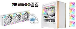 SAMA Q60 White CPU Liquid Cooler, 360MM Liquid Water Cooling with 2.8" LCD Display & XT120 Modular Fans LCP Blade for Enhanced Cooling and Noise Reduction, Compatible 115X, 2011, 1200, 1700, AM4, AM5 and SAMA Z60 White Genuine Walnut Wood PC Case, ATX Mid Tower, Pre-Installed 4x 140mm ARGB PWM Fans, Supports 360mm Radiator on Top, Type-C Port, Supports E-ATX/ATX/M-ATX/ITX, Gaming Case SAMA Q60 White CPU Liquid Cooler, 360MM Liquid Water Cooling with 2.8" LCD Display & XT120 Modular Fans LCP Blade for Enhanced Cooling and Noise Reduction, Compatible 115X, 2011, 1200, 1700, AM4, AM5 and SAMA Z60 White Genuine Walnut Wood PC Case, ATX Mid Tower, Pre-Installed 4x 140mm ARGB PWM Fans, Supports 360mm Radiator on Top, Type-C Port, Supports E-ATX/ATX/M-ATX/ITX, Gaming Case