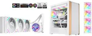 SAMA Q70 White CPU Liquid Cooler, 360MM Liquid Water AIO CPU Cooler with 2.8" LCD Display, Magnetic Detachable, XT120 Modular Fans LCP Blade, Bonus Stands, 115X, 2011, 1200, 1700, AM4, AM5 AIO Cooler and SAMA Z60 White Genuine Walnut Wood PC Case, ATX Mid Tower, Pre-Installed 4x 140mm ARGB PWM Fans, Supports 360mm Radiator on Top, Type-C Port, Supports E-ATX/ATX/M-ATX/ITX, Gaming Case SAMA Q70 White CPU Liquid Cooler, 360MM Liquid Water AIO CPU Cooler with 2.8" LCD Display, Magnetic Detachable, XT120 Modular Fans LCP Blade, Bonus Stands, 115X, 2011, 1200, 1700, AM4, AM5 AIO Cooler and SAMA Z60 White Genuine Walnut Wood PC Case, ATX Mid Tower, Pre-Installed 4x 140mm ARGB PWM Fans, Supports 360mm Radiator on Top, Type-C Port, Supports E-ATX/ATX/M-ATX/ITX, Gaming Case