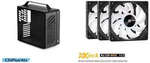 Mechanic Master C34Plus Portable Desktop ATX Case with Aluminum Handle - 5-Slot Mode Switchable, MATX Motherboard Support, 240mm AIO Compatibility (RAM Height 44mm), Fits Extra-Long GPUs and Mechanic Master KaKaLock Magic Cableless Series KL120 -wild 120mm Fan Cableless PWM aRGB Fan Black 3 Packs Mechanic Master C34Plus Portable Desktop ATX Case with Aluminum Handle - 5-Slot Mode Switchable, MATX Motherboard Support, 240mm AIO Compatibility (RAM Height 44mm), Fits Extra-Long GPUs and Mechanic Master KaKaLock Magic Cableless Series KL120 -wild 120mm Fan Cableless PWM aRGB Fan Black 3 Packs