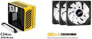 Mechanic master C34pro side penetrating 360 water-cooled eatx portable desktop computer aluminum alloy case Yellow and Mechanic Master KaKaLock Magic Cableless Series KL120 -wild 120mm Fan Cableless PWM aRGB Fan Black 3 Packs Mechanic master C34pro side penetrating 360 water-cooled eatx portable desktop computer aluminum alloy case Yellow and Mechanic Master KaKaLock Magic Cableless Series KL120 -wild 120mm Fan Cableless PWM aRGB Fan Black 3 Packs