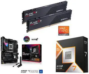G.SKILL Flare X 64GB (2x32GB) DDR5 6000 RAM, ASUS ROG STRIX X870E-E GAMING WIFI AMD AM5 X870 ATX motherboard, AMD Ryzen 7 9800X3D 8-Core 5.2 GHz CPU, WiFi 7, PCIe 5.0, USB4, AI OCing, Radeon Graphics G.SKILL Flare X 64GB (2x32GB) DDR5 6000 RAM, ASUS ROG STRIX X870E-E GAMING WIFI AMD AM5 X870 ATX motherboard, AMD Ryzen 7 9800X3D 8-Core 5.2 GHz CPU, WiFi 7, PCIe 5.0, USB4, AI OCing, Radeon Graphics