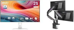 MSI 24" Full HD 120Hz IPS Monitor, 1ms, HDR, Speakers, Phone Slot, White (PRO MP251W E2) + MSI MPG MT201DR V2 RGB Dual Monitor Stand, 17-35" Support, VESA, Adjustable Gas Spring, 44 lbs/Screen, Clamp & Grommet, Quick Release, Gray MSI 24" Full HD 120Hz IPS Monitor, 1ms, HDR, Speakers, Phone Slot, White (PRO MP251W E2) + MSI MPG MT201DR V2 RGB Dual Monitor Stand, 17-35" Support, VESA, Adjustable Gas Spring, 44 lbs/Screen, Clamp & Grommet, Quick Release, Gray