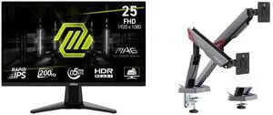 MSI 24" Full HD 200Hz IPS Gaming Monitor MAG255F E20 with AMD FreeSync, 0.5ms, HDR, Ai Vision, Less Blue Light. Includes MSI MPG MT161DR RGB Dual Monitor Stand, 17-38" support, VESA, adjustable, 35.2 lbs capacity, clamp & grommet, quick rel MSI 24" Full HD 200Hz IPS Gaming Monitor MAG255F E20 with AMD FreeSync, 0.5ms, HDR, Ai Vision, Less Blue Light. Includes MSI MPG MT161DR RGB Dual Monitor Stand, 17-38" support, VESA, adjustable, 35.2 lbs capacity, clamp & grommet, quick rel