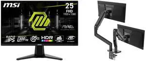 MSI 24" Full HD 300Hz IPS Gaming Monitor MAG 255XF with AMD FreeSync, 0.5ms, HDR Ready, Ai vision. Includes MSI MAG MT201D Dual Monitor Stand, 17-45" support, VESA compatible, adjustable, 44 lbs capacity, clamp & grommet, quick release - Bl MSI 24" Full HD 300Hz IPS Gaming Monitor MAG 255XF with AMD FreeSync, 0.5ms, HDR Ready, Ai vision. Includes MSI MAG MT201D Dual Monitor Stand, 17-45" support, VESA compatible, adjustable, 44 lbs capacity, clamp & grommet, quick release - Bl