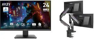 MSI 24" FHD 144Hz IPS Gaming Monitor, AMD Adaptive Sync, 1ms, HDR, 102% sRGB, accessory slot, PRO MP243L E14. MSI MPG MT201DR V2 RGB Dual Monitor Stand, 17-35" support, VESA, adjustable, 44 lbs/screen, clamp & grommet, quick release. MSI 24" FHD 144Hz IPS Gaming Monitor, AMD Adaptive Sync, 1ms, HDR, 102% sRGB, accessory slot, PRO MP243L E14. MSI MPG MT201DR V2 RGB Dual Monitor Stand, 17-35" support, VESA, adjustable, 44 lbs/screen, clamp & grommet, quick release.