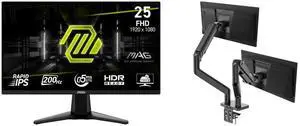 MSI 24" Full HD 200Hz IPS Gaming Monitor MAG255F E20 with AMD FreeSync, 0.5ms, HDR, Ai Vision Less Blue Light + MSI MAG MT201D Dual Monitor Stand, 17-45" Support, VESA, Adjustable, 44 lbs Capacity, Clamp & Grommet, Quick Release - Black MSI 24" Full HD 200Hz IPS Gaming Monitor MAG255F E20 with AMD FreeSync, 0.5ms, HDR, Ai Vision Less Blue Light + MSI MAG MT201D Dual Monitor Stand, 17-45" Support, VESA, Adjustable, 44 lbs Capacity, Clamp & Grommet, Quick Release - Black