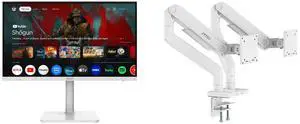MSI 27" UHD 4K 60Hz Monitor, Adaptive-Sync, HDR, USB-C, Speakers, Google Assistant & TV, White. Includes MSI MAG MT201DW Dual Monitor Stand, 17-45" Support, VESA, Adjustable, 44 lbs Capacity, Clamp & Grommet, Quick Release, White. MSI 27" UHD 4K 60Hz Monitor, Adaptive-Sync, HDR, USB-C, Speakers, Google Assistant & TV, White. Includes MSI MAG MT201DW Dual Monitor Stand, 17-45" Support, VESA, Adjustable, 44 lbs Capacity, Clamp & Grommet, Quick Release, White.