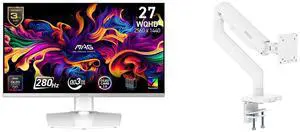 MSI 27" QHD 280Hz OLED Gaming Monitor, FreeSync & G-Sync, HDR400, USB-C, Adjustable Stand, MAG272QPW. Includes MSI MAG MT201W Stand, supports 17-49" screens, 44 lbs, VESA, Spring Mount, Clamp & Grommet, Quick Release, White. MSI 27" QHD 280Hz OLED Gaming Monitor, FreeSync & G-Sync, HDR400, USB-C, Adjustable Stand, MAG272QPW. Includes MSI MAG MT201W Stand, supports 17-49" screens, 44 lbs, VESA, Spring Mount, Clamp & Grommet, Quick Release, White.