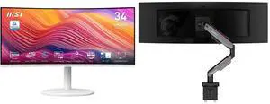 MSI 34" UWQHD 2K 1440P 120Hz HDR Monitor, USB-C, KVM, PiP, White, Curved, Adjustable Stand. Includes MSI MPG MT201R V2 RGB Monitor Stand Arm, Supports 17-49" Screens, 44 lbs, VESA, Gas Spring, Clamp & Grommet, Quick Release - Gray MSI 34" UWQHD 2K 1440P 120Hz HDR Monitor, USB-C, KVM, PiP, White, Curved, Adjustable Stand. Includes MSI MPG MT201R V2 RGB Monitor Stand Arm, Supports 17-49" Screens, 44 lbs, VESA, Gas Spring, Clamp & Grommet, Quick Release - Gray