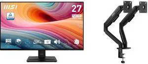MSI 27" Full HD 120Hz IPS Monitor with Adaptive Sync, 1ms, HDR Ready, phone accessory slot stand PRO MP271A E2. Includes MSI MAG MT101DG Dual Monitor Stand, supports 17-32" screens, 22 lbs, VESA, adjustable gas spring, clamp & grommet, blac MSI 27" Full HD 120Hz IPS Monitor with Adaptive Sync, 1ms, HDR Ready, phone accessory slot stand PRO MP271A E2. Includes MSI MAG MT101DG Dual Monitor Stand, supports 17-32" screens, 22 lbs, VESA, adjustable gas spring, clamp & grommet, blac